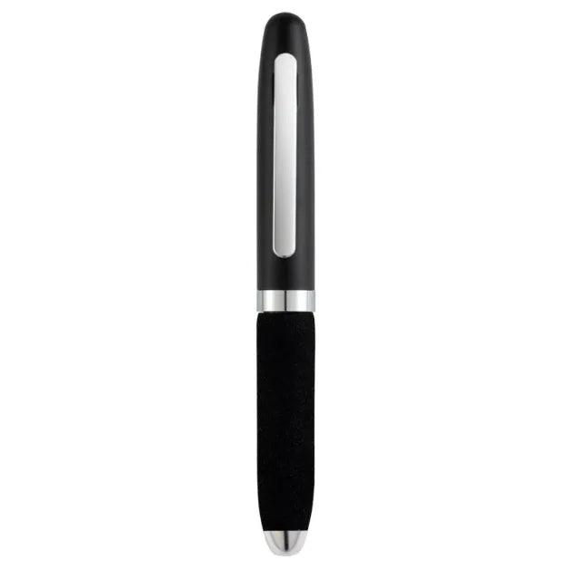 Metal ballpoint pen with EVA cap showing 1.0mm tip and compact 112mm length