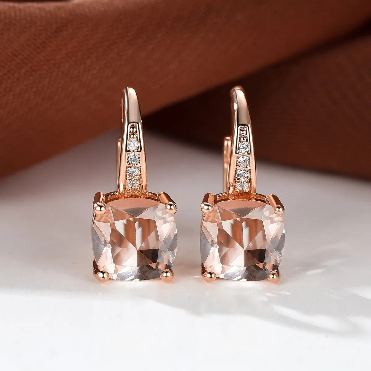 Square geometric ear hooks with round zircon inlays in gold, platinum, or rose gold finish