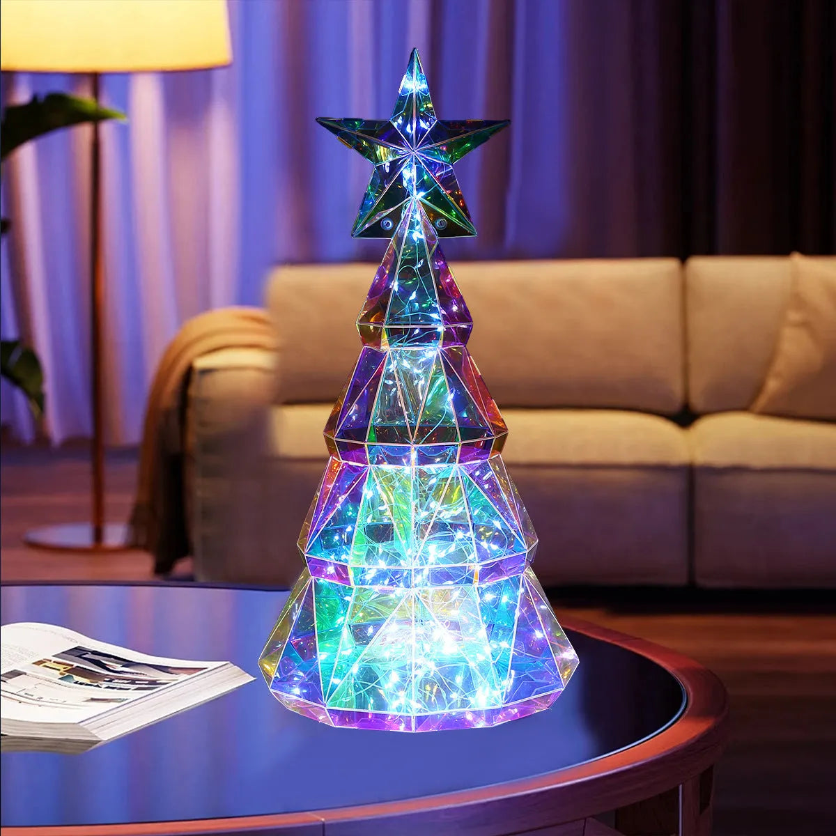 Colourful cartoon-style PET plastic Christmas tree decoration with light, 14.5cm wide by 20cm high.