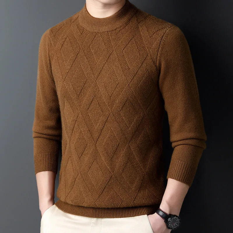 Men's thick grey diamond jacquard wool-blend pullover sweater on a hanger.