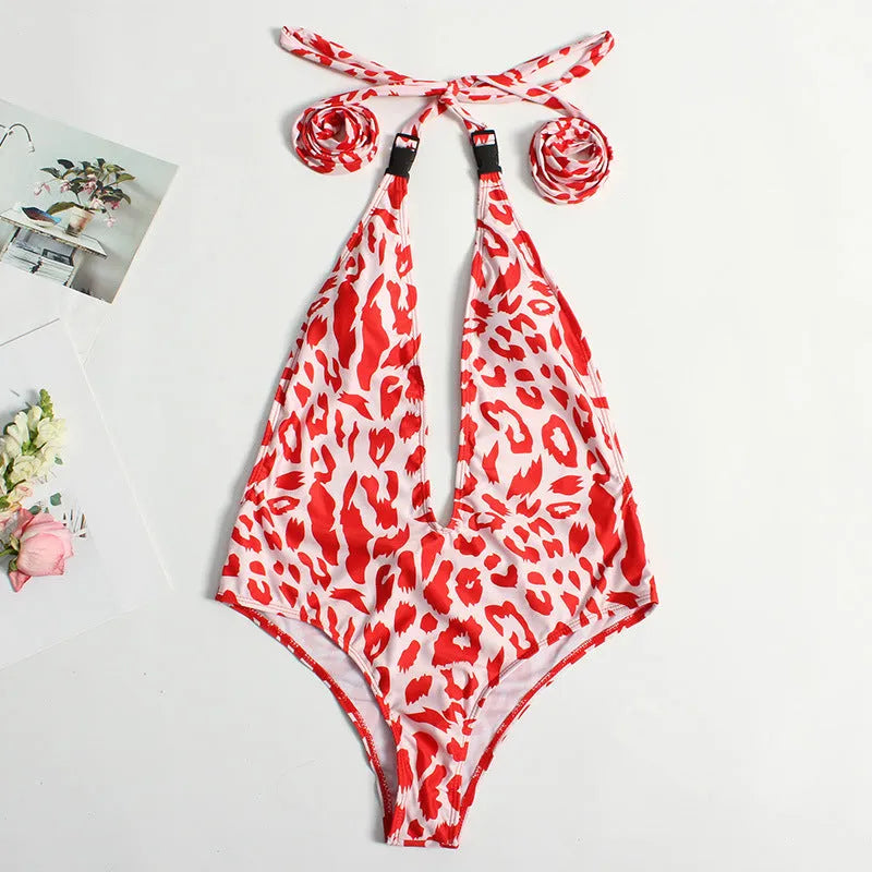 Women's leopard print bandage one-piece swimsuit with buckle detail and backless design