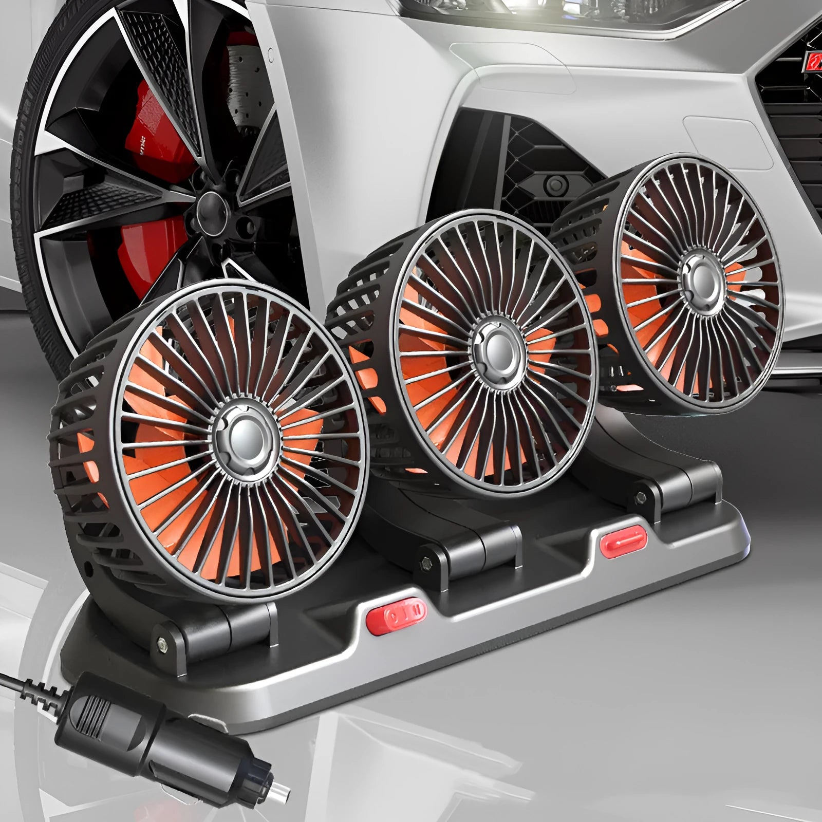 Three head automotive electric cooling fan with adjustable heads and 1.3 metre power cable