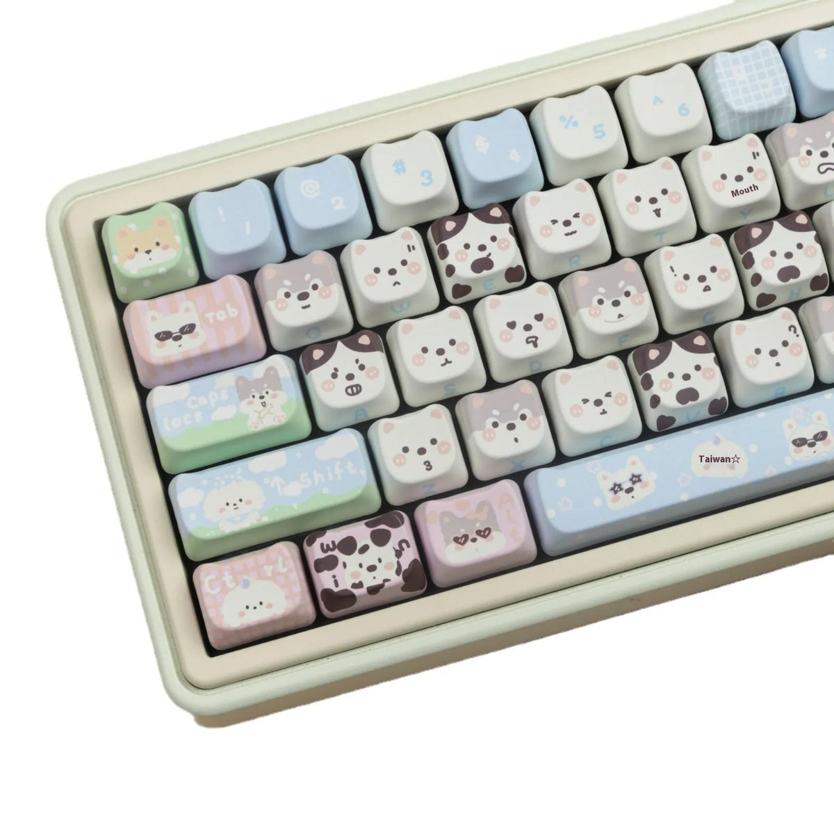PBT plastic keycap set featuring colourful puppy design for mechanical keyboards