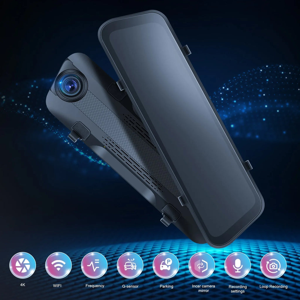 Streaming media rearview mirror dash cam with 9.66 inch IPS touch screen and dual camera system