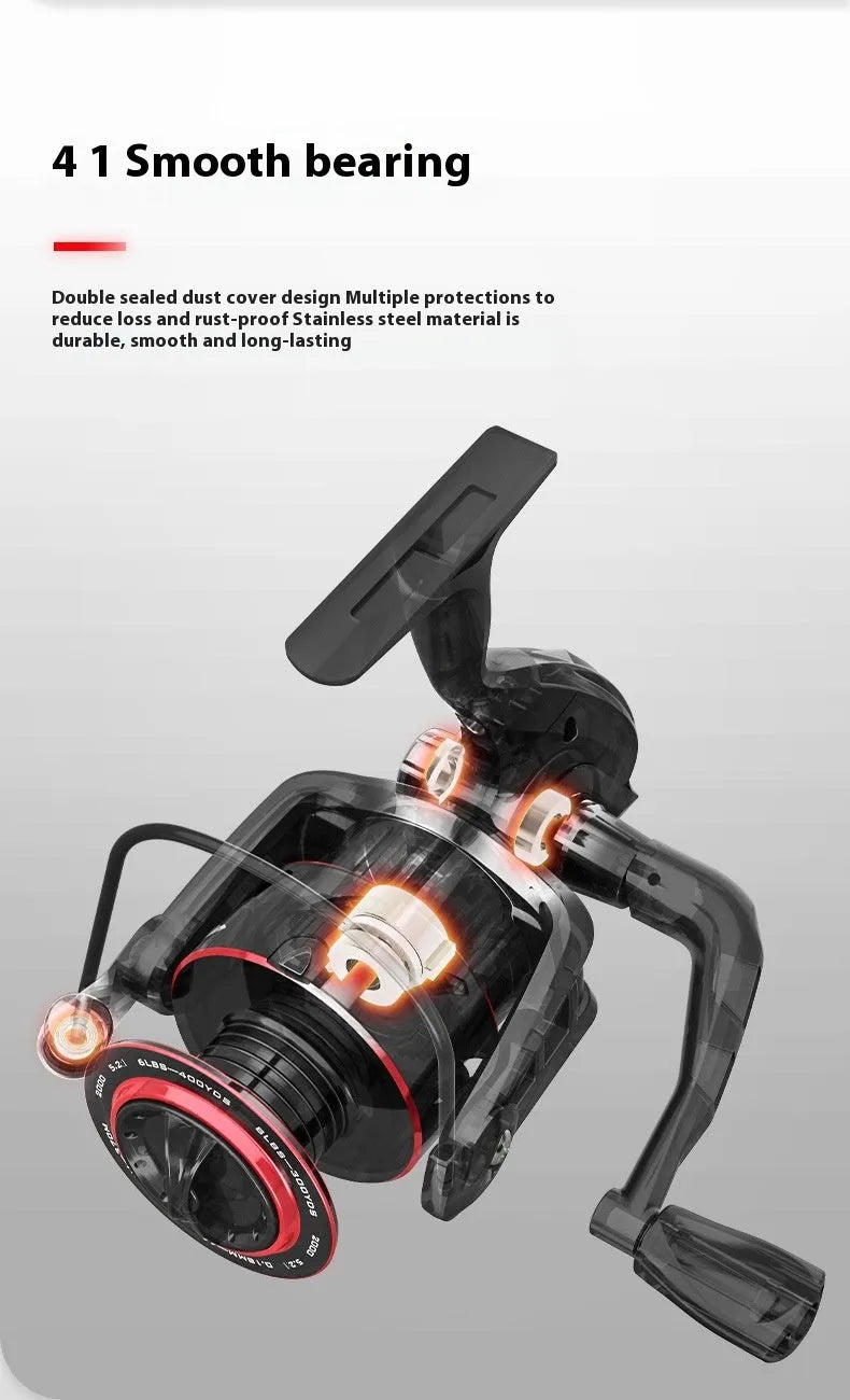 All-metal fishing reel attached to telescopic fishing rod in collapsed position