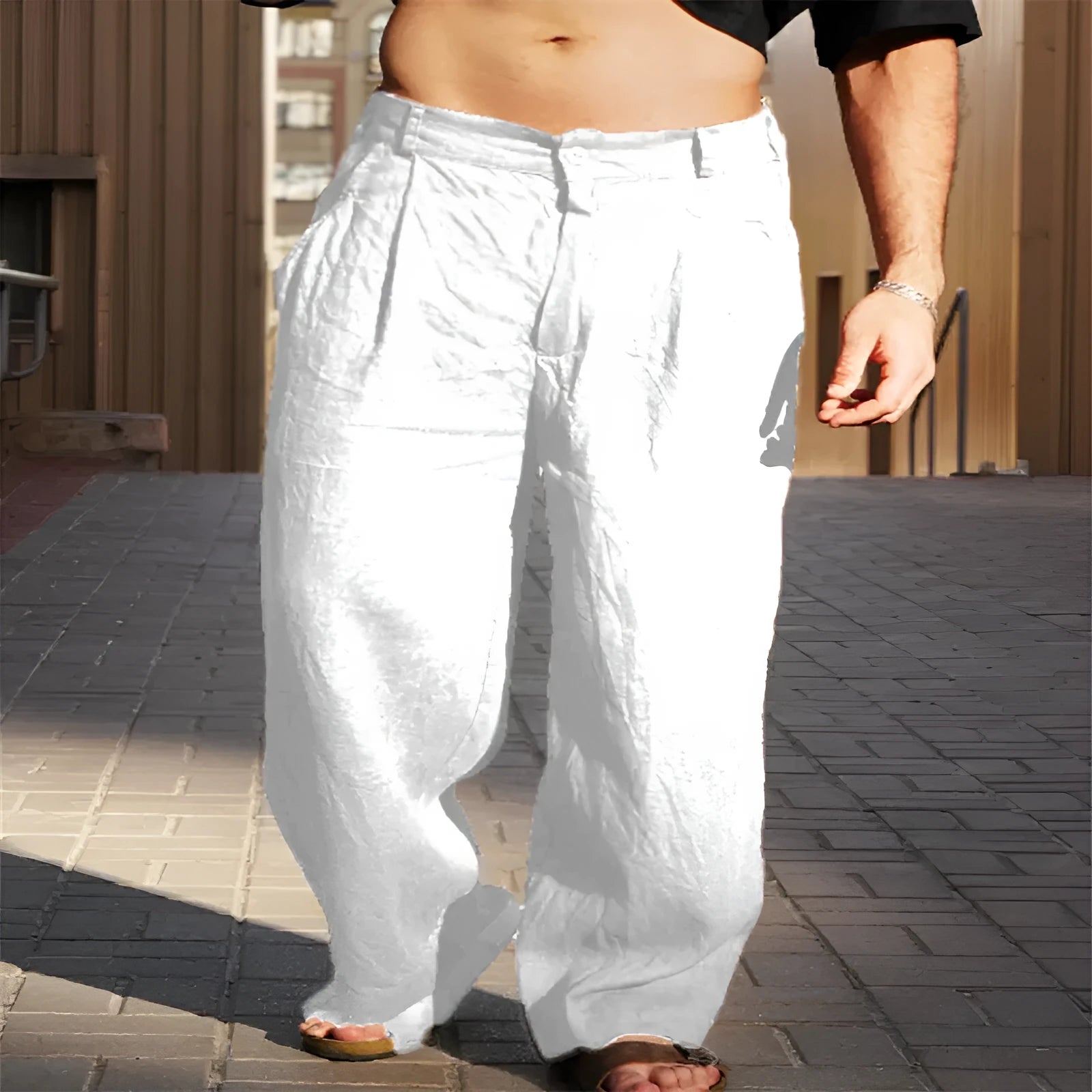 Men's linen cotton mid-waist pleated wide-leg trousers in khaki, front view