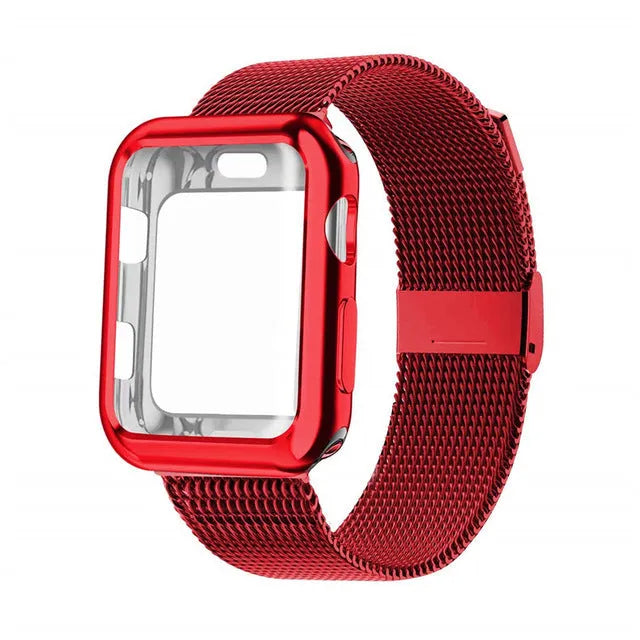 Silver magnetic Milanese loop metal band attached to an Apple Watch on a wrist, showing the adjustable magnetic clasp.