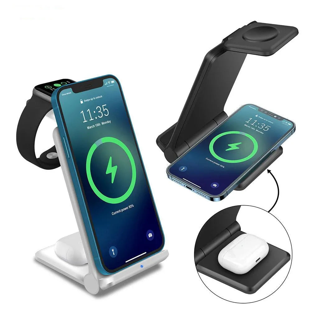 White 3-in-1 foldable wireless charging station showing iPhone, AirPods case, and Apple Watch on charging pads