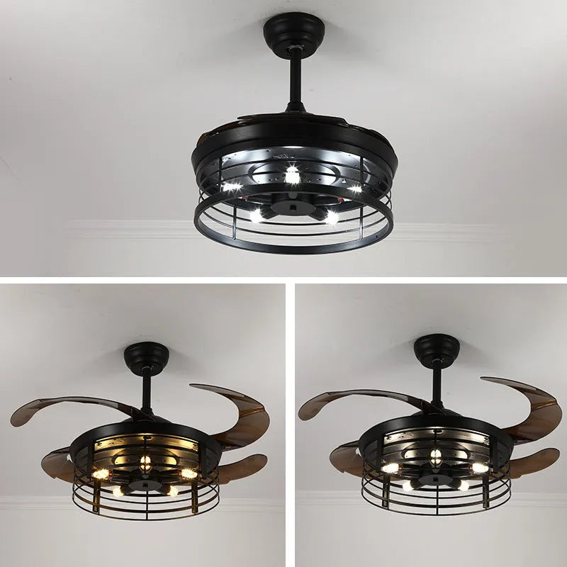 Industrial Wind American retro style ceiling fan lamp with acrylic blades and integrated light shade, remote control on side.