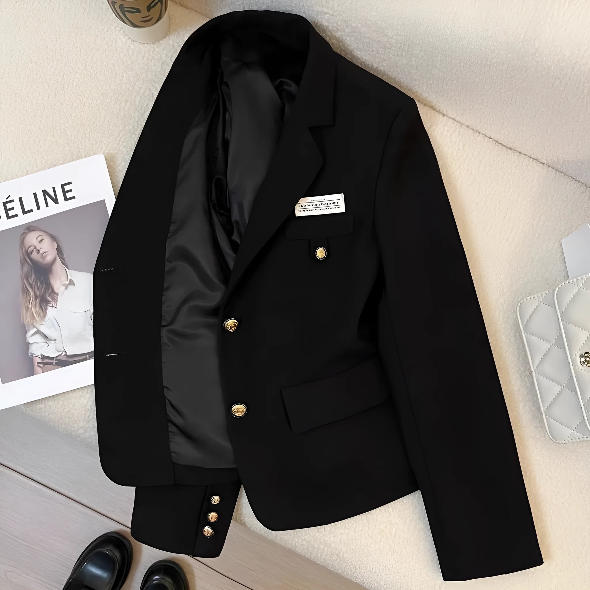 Women's black short suit coat with pockets and regular sleeves, loose fit design