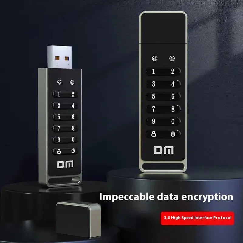 64GB metal USB flash drive with fingerprint scanner and encryption button.