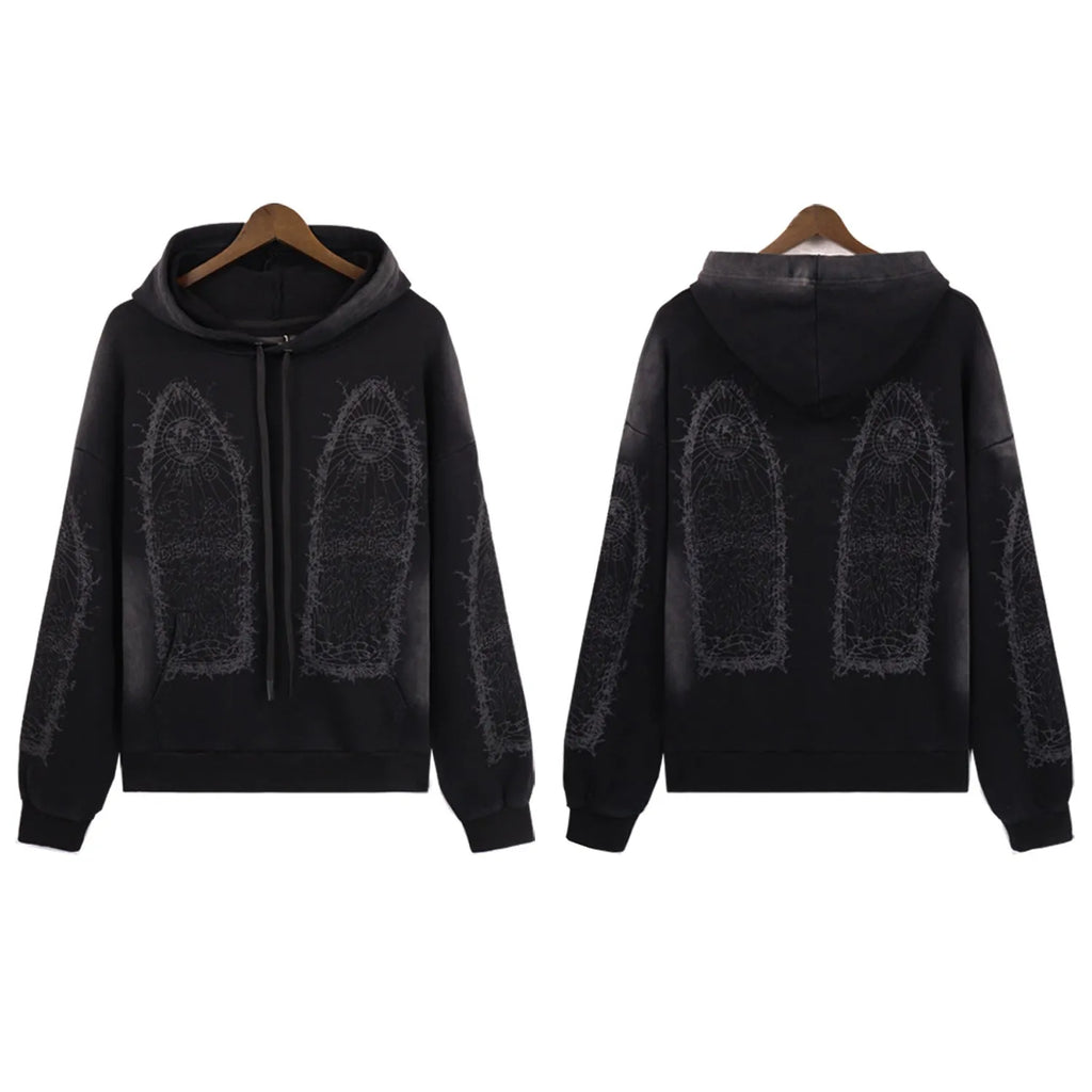Mens washed distressed cotton terry sweatshirt with heavy-duty classic print and 3D patch pocket in black