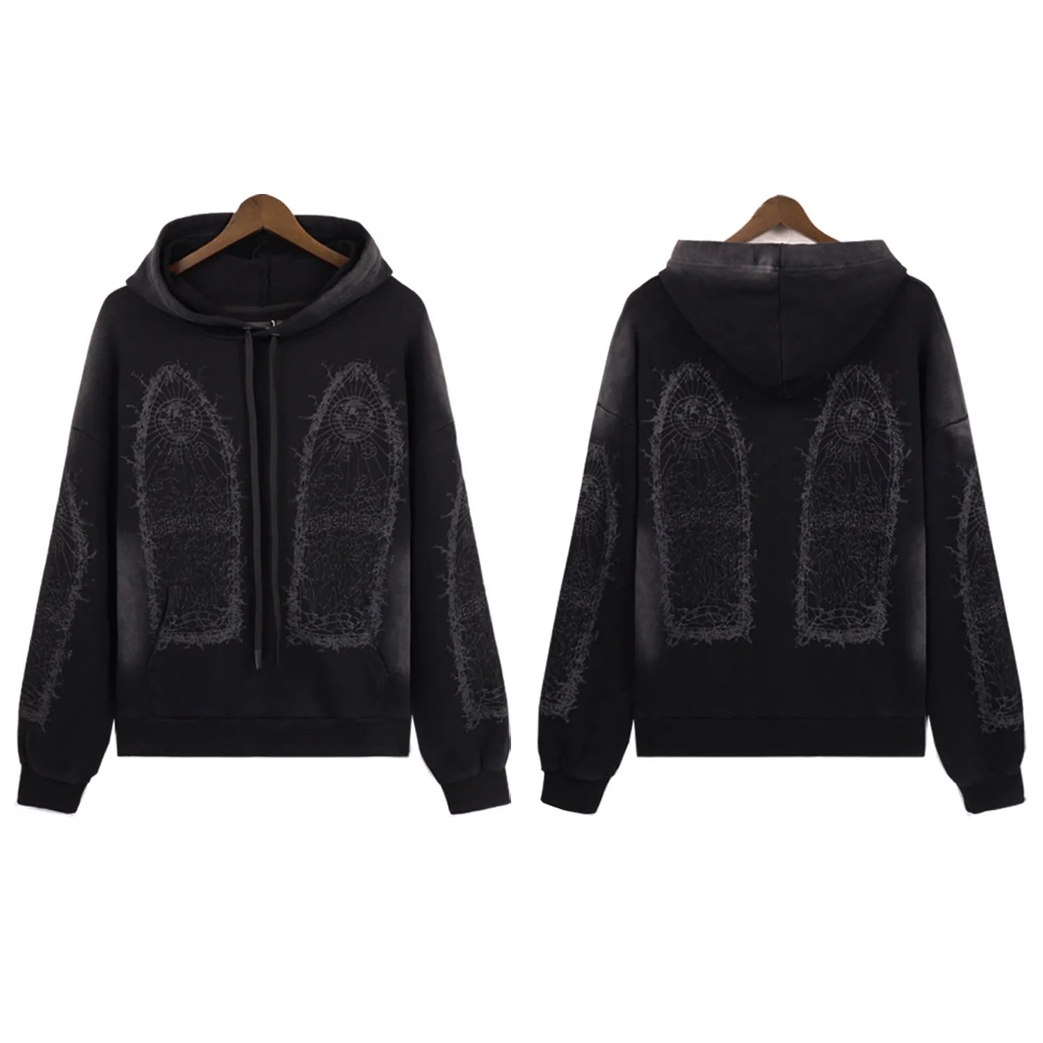 Mens washed distressed cotton terry sweatshirt with heavy-duty classic print and 3D patch pocket in black