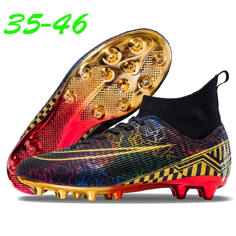 Men's white high-top synthetic leather soccer training shoes with gold plated sole on artificial grass.