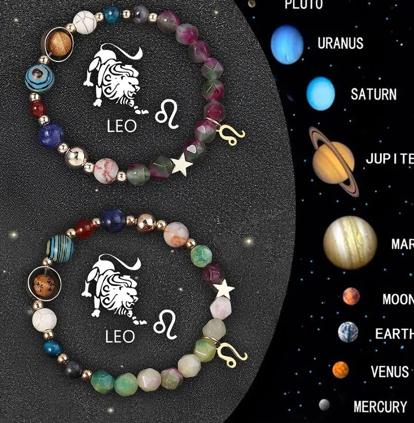 Two natural stone beaded bracelets with zodiac sign charms, showing the set of twelve astrological styles.