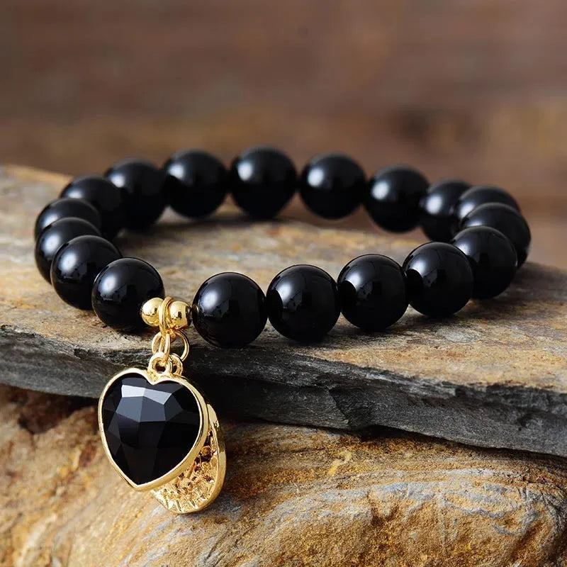 Natural stone amethyst stretch handmade beaded bracelet with heart-shaped amethyst and black agate beads 10mm size