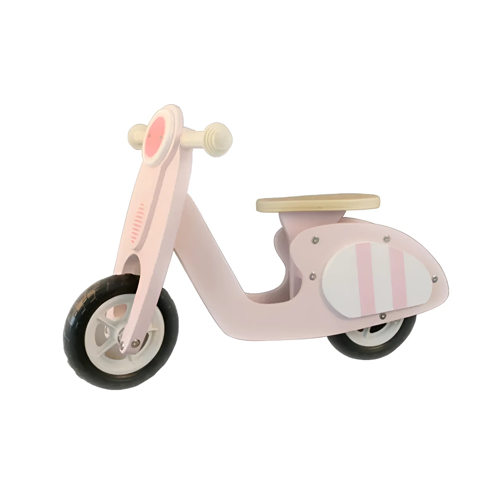Pink wooden balance scooter for toddlers and children with 10-inch wheels.