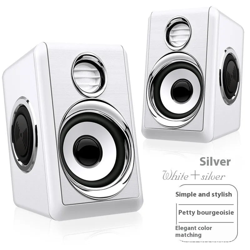 Two compact USB mini speakers in Black Silver finish with extra bass for laptop audio