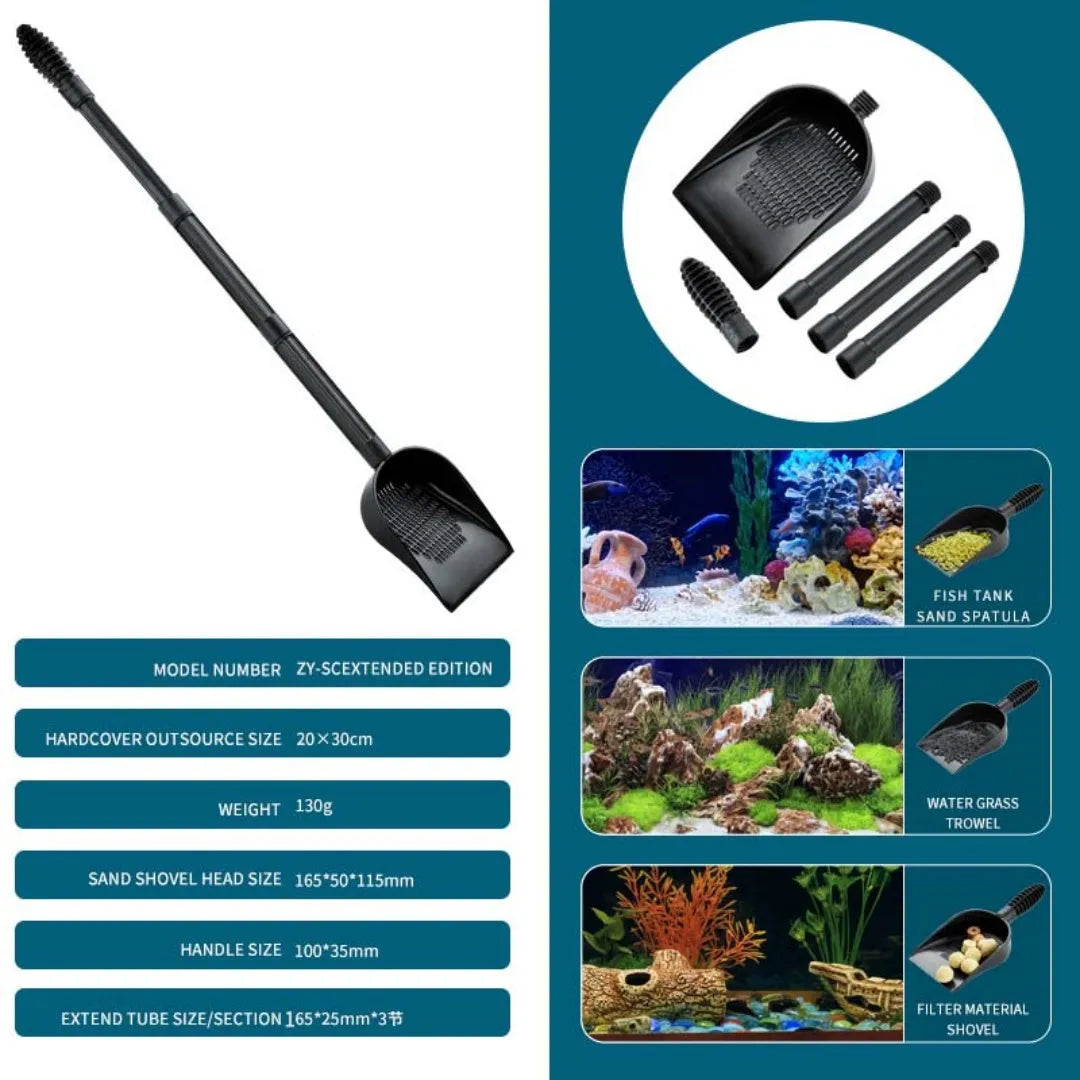 Aquarium sand shovel with extendable removable design for fish tank maintenance, shown as ZY SC Long or minimalist style