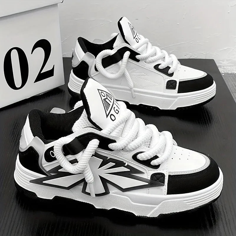 Men's thick-soled chunky sneakers in black with a round toe and front lace-up design.