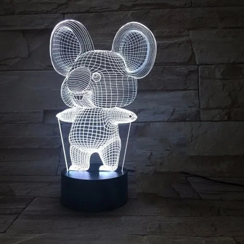 Koala-shaped night light with remote control showing seven colour options on a bedside table