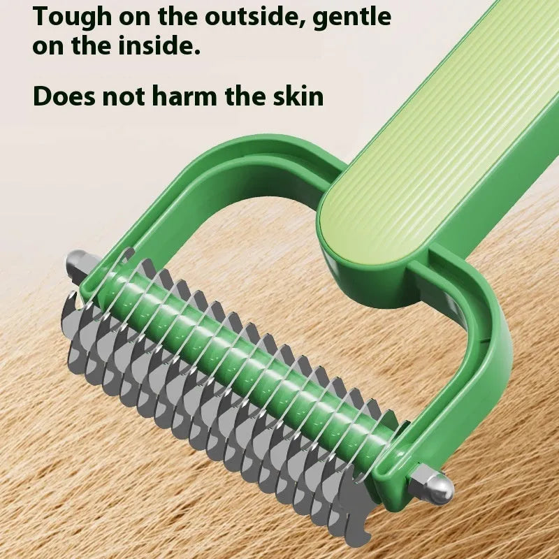 Green and grey pet detangling combs for dogs with stainless steel rotating teeth on a PP plastic handle.