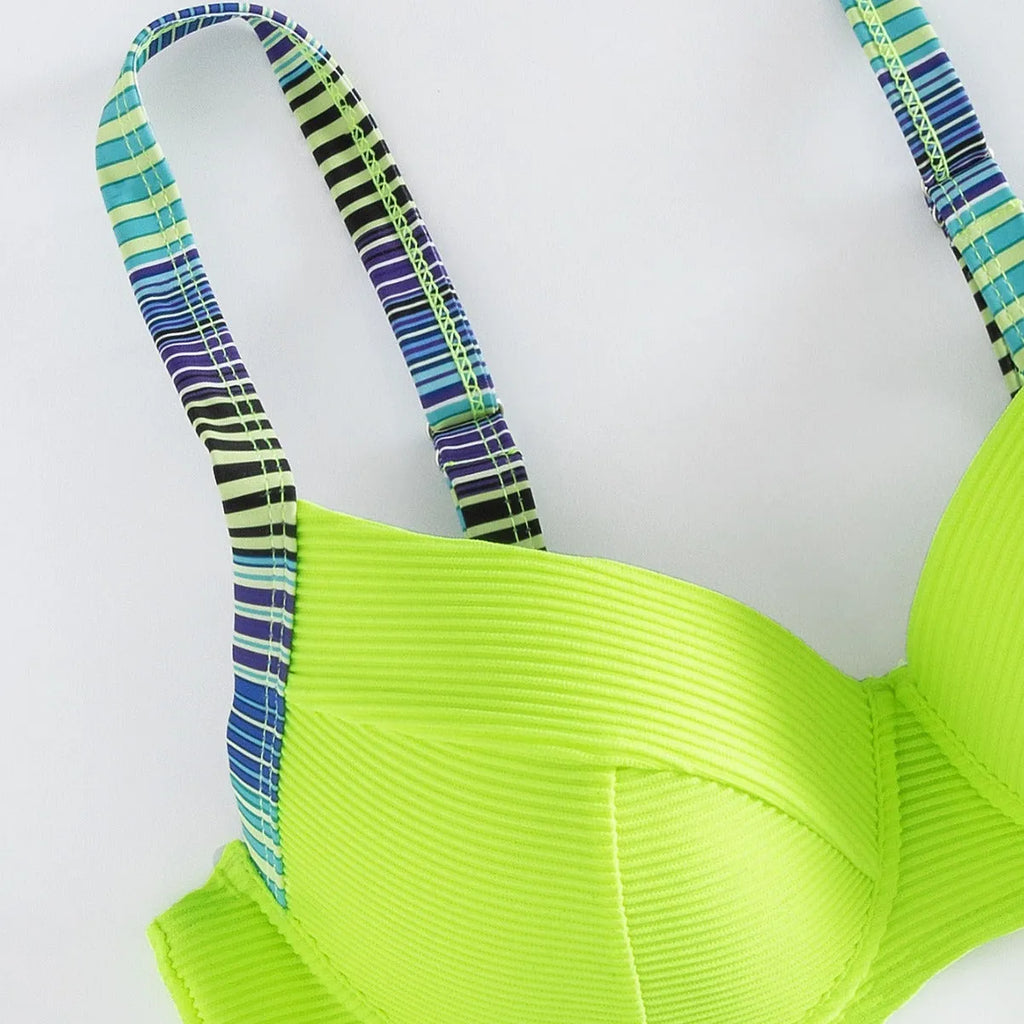 Women's green printed halter bikini set with split briefs in polyester fabric