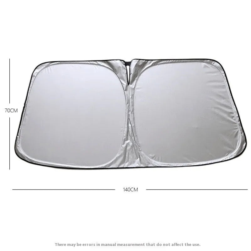 Aluminium foil car windscreen sunshade folded, showing reflective titanium silver surface and size options.