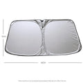 Aluminium foil car windscreen sunshade folded, showing reflective titanium silver surface and size options.