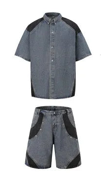 Retro washed denim suit set with short sleeve shirt and matching trousers in black or blue colour