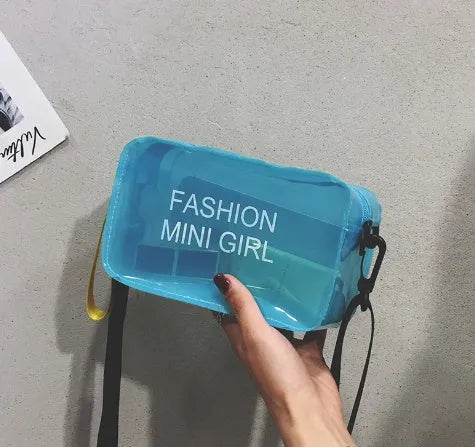 Transparent square jelly crossbody bag for women with an adjustable strap, shown in various colours.