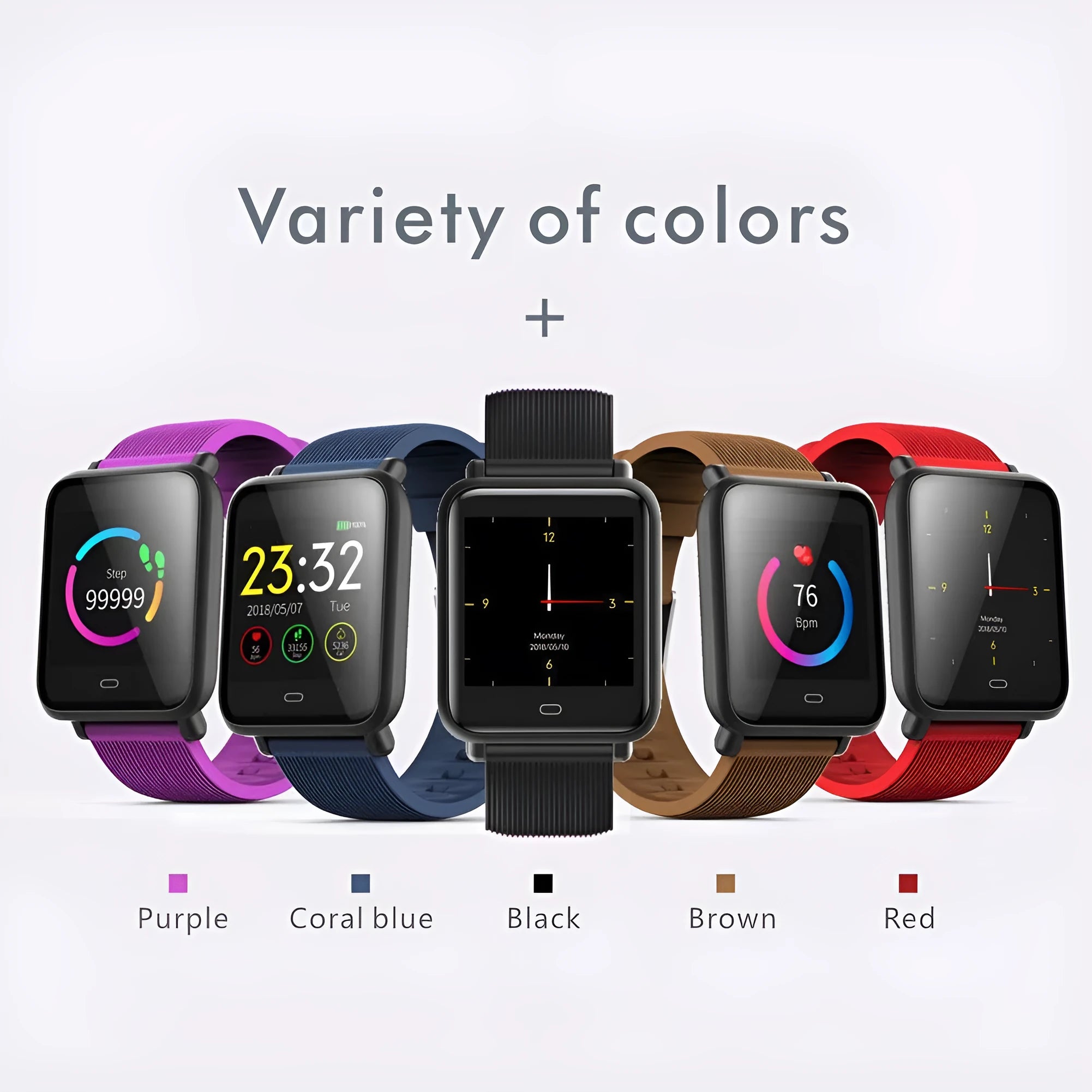 Q9 smart watch with 1.3 inch touch screen on silicone strap, black, showing heart rate display
