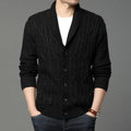 Man wearing a black Korean style jacquard patterned knitted cardigan jacket.