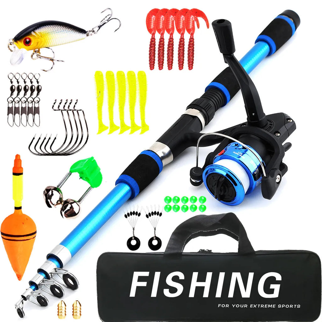 Children's fishing pole and wheel set with bait box in blue, green, red, and yellow colour options