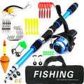 Children's fishing pole and wheel set with bait box in blue, green, red, and yellow colour options