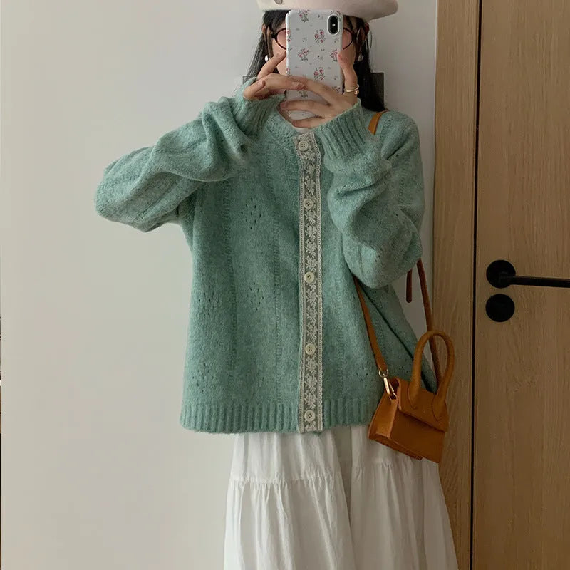 Artistic retro Korean knitwear sweater coat cardigan in viscose fibre available in four colours