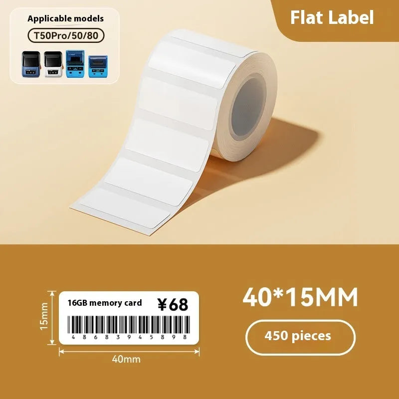 Transparent waterproof adhesive labels in various rectangular and circular sizes on thermal synthetic paper
