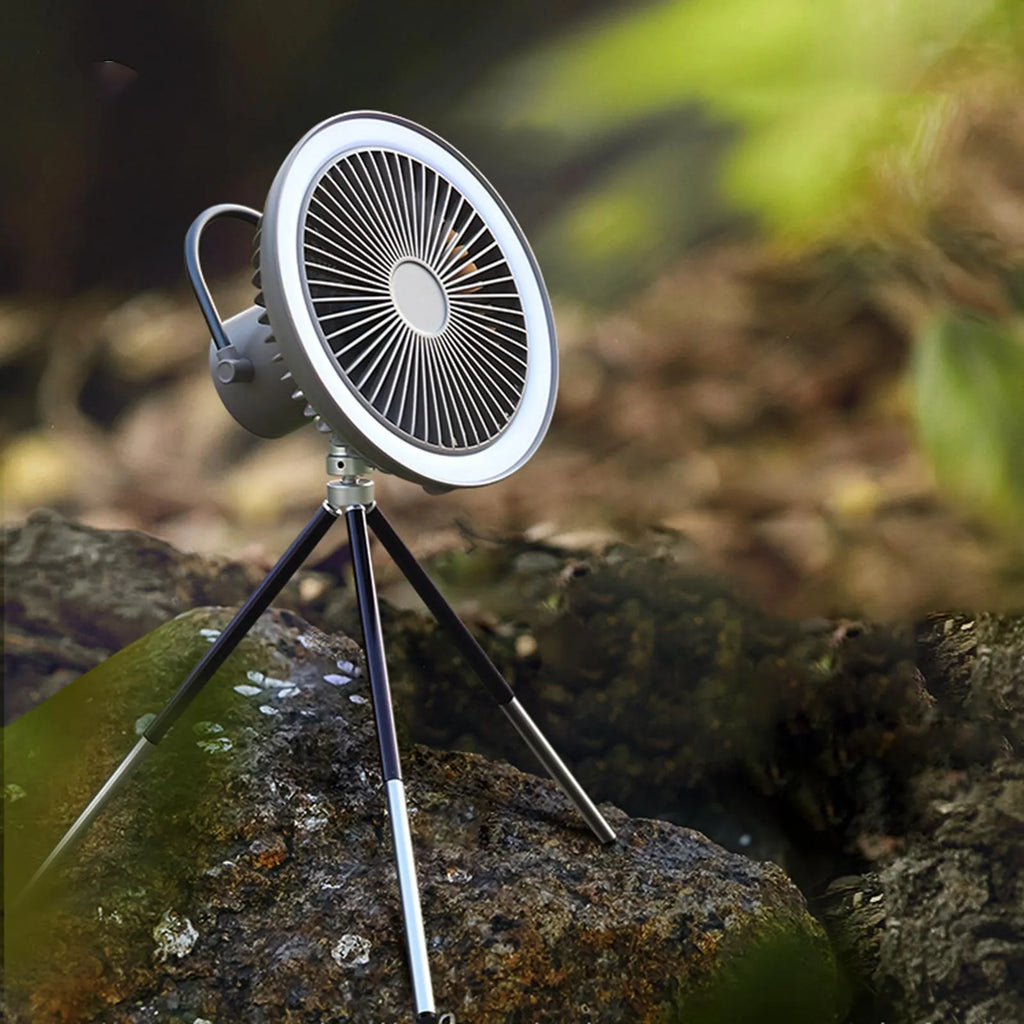 White USB rechargeable camping fan on aluminium tripod showing front view