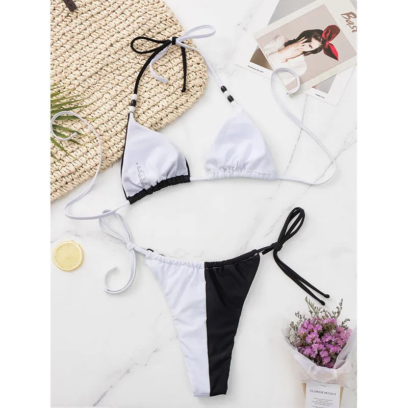 Black and white women's lace-up triangle cup bikini swimsuit