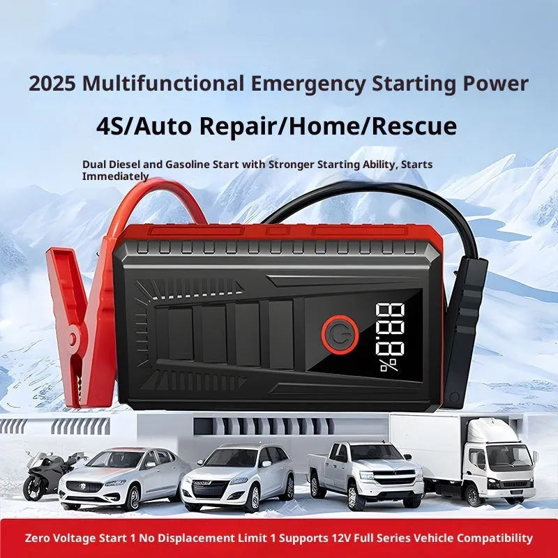 Car emergency jump starter power supply with 1500mAh battery, 1000A peak current, 14.8V, 60W, compact 15.7cm