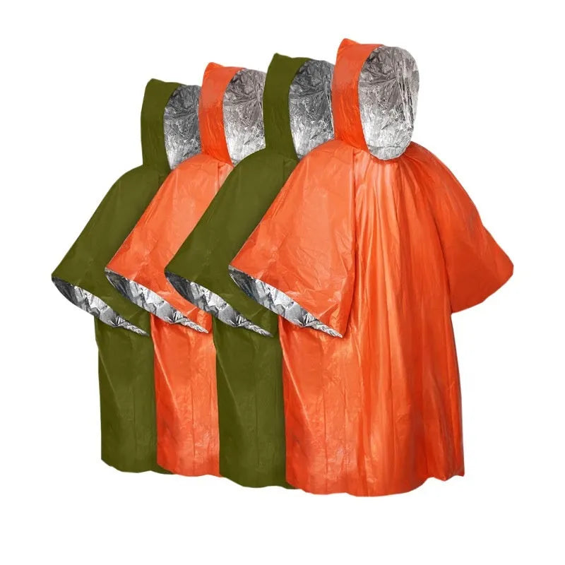 Orange and army green waterproof raincoat poncho laid flat, showing its 100x130cm size for outdoor use.
