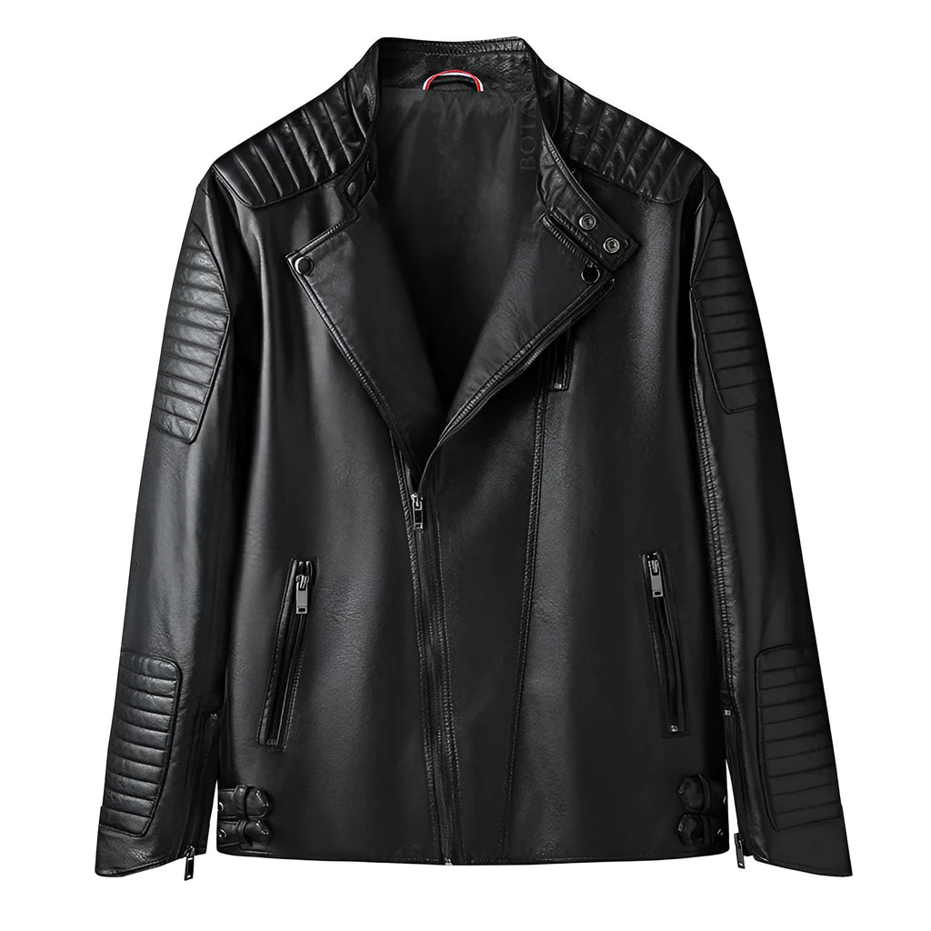Men's PU leather motorcycle jacket in black, regular fit, zip front with zipper pockets, full length view