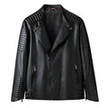 Men's PU leather motorcycle jacket in black, regular fit, zip front with zipper pockets, full length view