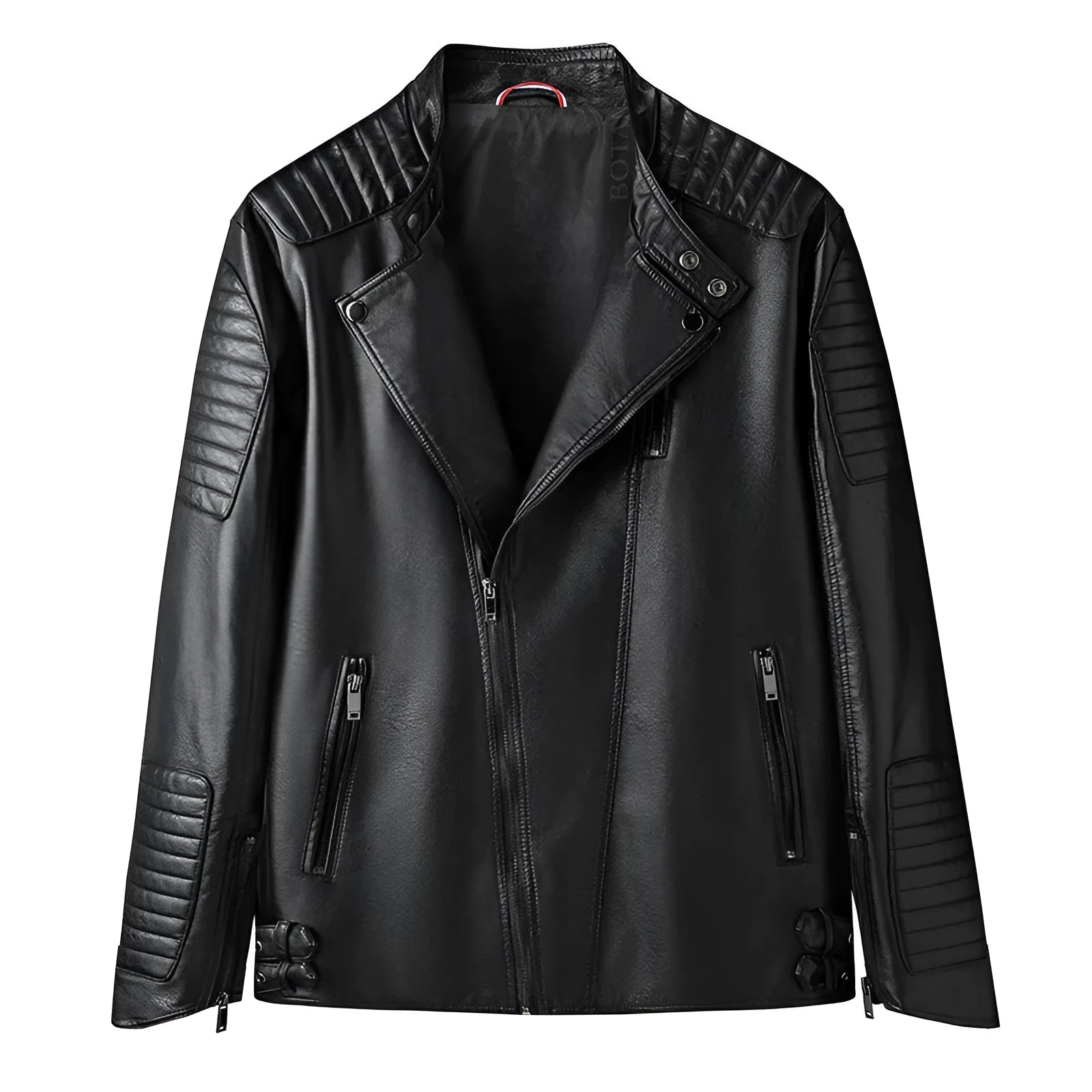 Men's PU leather motorcycle jacket in black, regular fit, zip front with zipper pockets, full length view