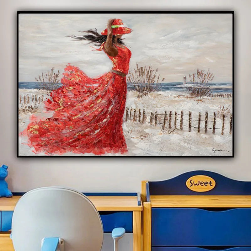 Hand-painted abstract oil painting of a girl in a red dress at the seaside on canvas, modern style, 100x70cm
