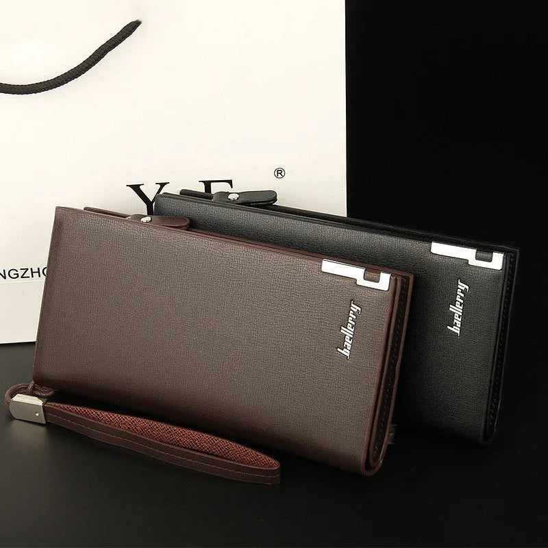 Men's long black PU leather zipper wallet showing multiple card slots and compartments