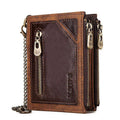 Dark brown men's leather wallet with chain detail showing RFID-blocking protection