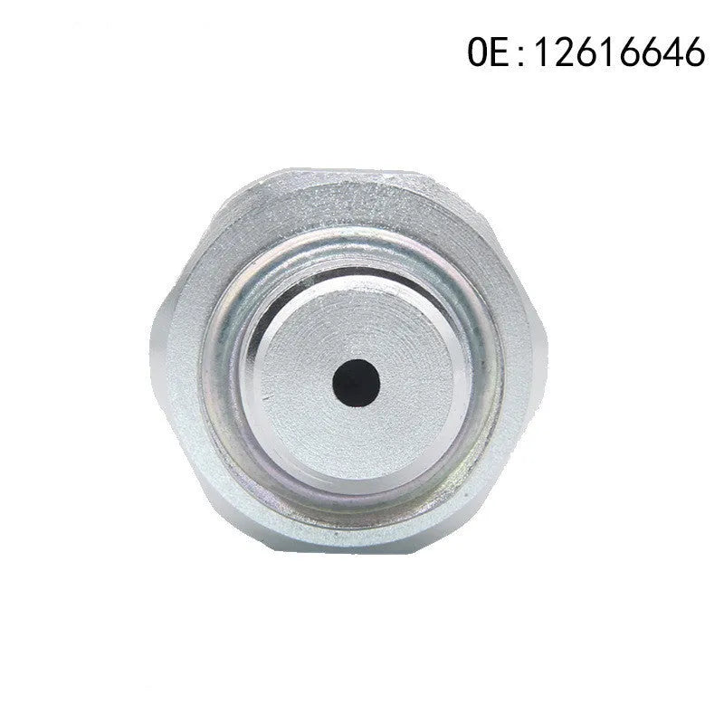 Silver metal fuel pressure sensor for automotive use, compatible with GM models.