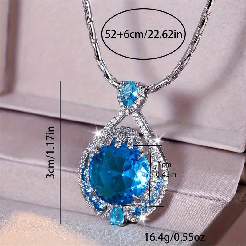 Blue fireworks-cut crystal geometric pendant necklace on water wave chain