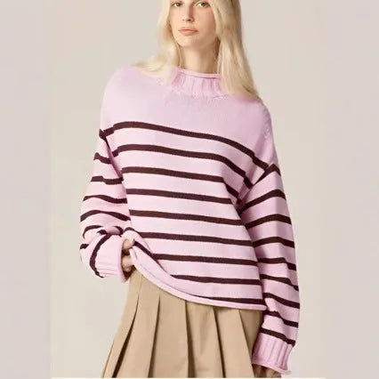 Stripe warm knitted pullover in thick chenille, loose fit, round neck, long sleeves, pink colour